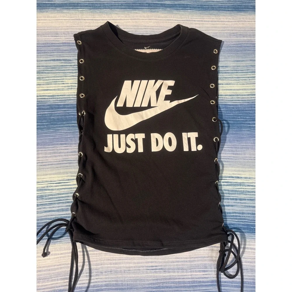 Upcycled Nike Lace Up Tank Top Black Just Do It Grommet Sleeveless Womens Large